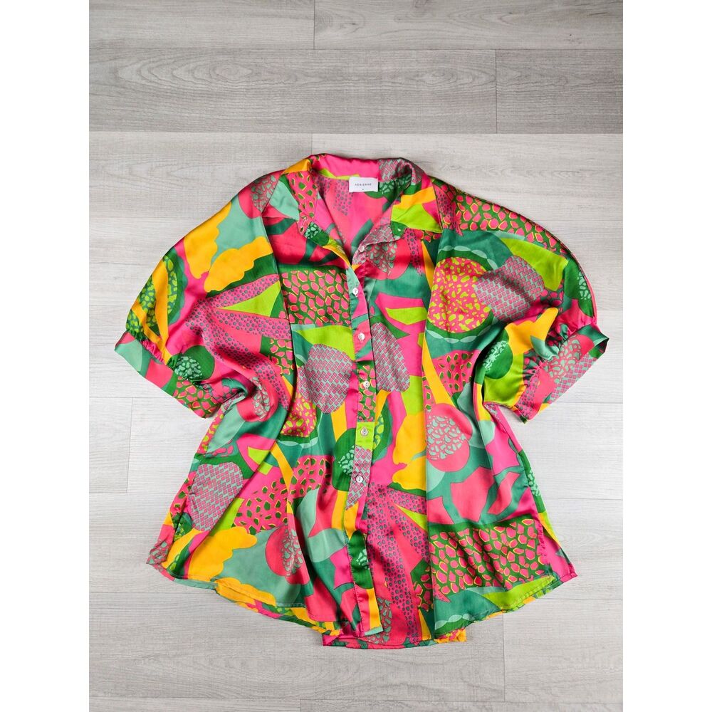 Adrienne Women Medium Abstract Geometric Silky Button Down Blouse Top